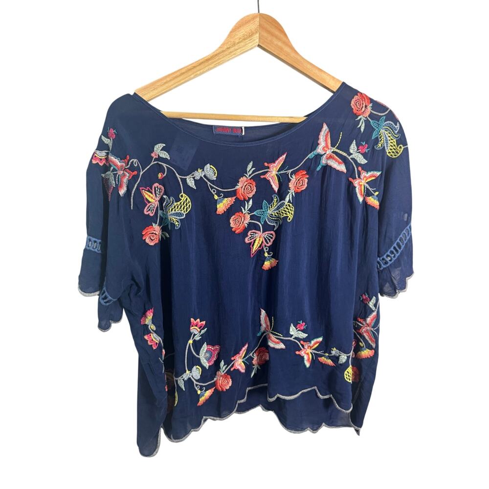 Johnny Was Embroidered Scalloped Hem Blouse Oversized XS